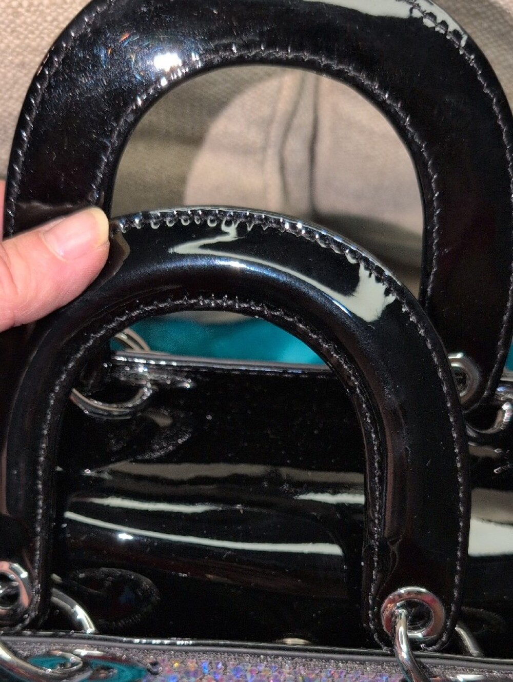 Crystal-Embellished Black Patent Mini Tote  With Crossbody Strap - Picture 2 of 16